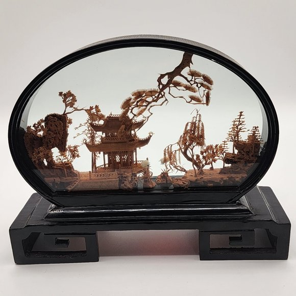 Vtg. Chinese SAN YOU Diorama Cork Carving Glass Case Pagoda Trees & Cranes 6.5"H - Picture 2 of 11